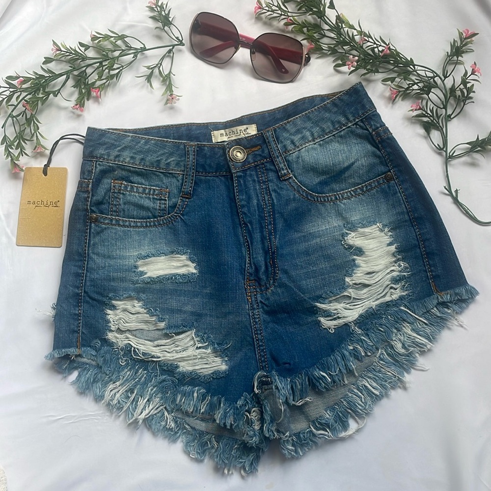 Machine Distressed Denim Shorts